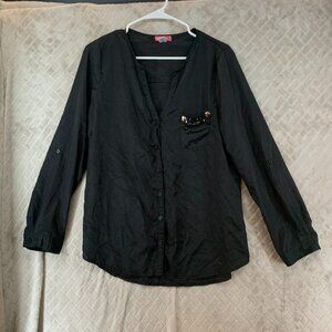 Six Degrees Of Seperation Womens L Shirt Black Silky Satin Long Sleeve Button Up